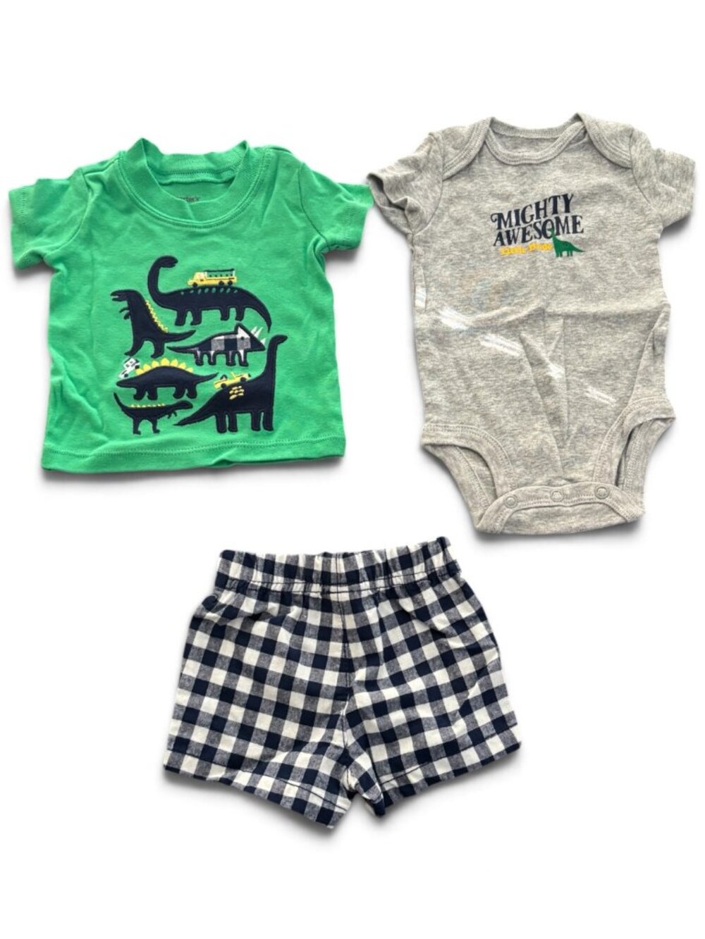 NWT Carter’s Baby Boy 3-Piece Dinosaur Outfit Green Shirt Bodysuit Plaid Shorts
